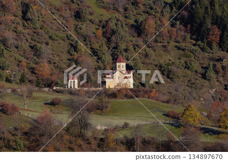 A Church in Mestia Svaneti in the foreground. A Church in Mestia Svaneti in the foreground. 134897670