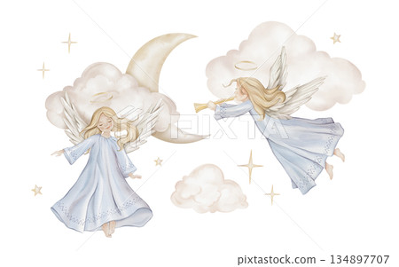 Christmas composition with angel with light hair and nimbus on moon. Watercolor illustration Christian Nativity angel with wings and stars and clouds for religious baptism invitation. Christmas composition with angel with light hair and nimbus on moon. Watercolor illustration Christian Nativity angel with wings and stars and clouds for religious baptism invitation. 134897707