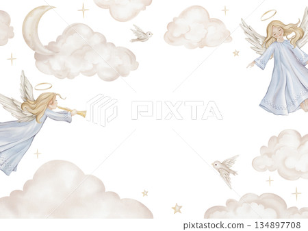 Horizontal Banner watercolor illustration with angel with nimbus. Postcard for Christmas or Christian Nativity for religious baptism. Hand drawn illustration clouds and birds, stars, snowflakes Horizontal Banner watercolor illustration with angel with nimbus. Postcard for Christmas or Christian Nativity for religious baptism. Hand drawn illustration clouds and birds, stars, snowflakes 134897708
