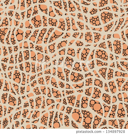 Organic pattern with peach orange bubble textures inside irregular black outlined shapes on beige background. Cellular structure evokes biological forms, for design, illustration, textile, packaging 134897928