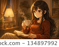 An anime-style girl enjoying reading while drinking coffee in her room at night. A warm and quiet moment. 134897992
