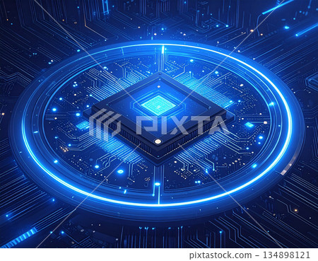 A high-tech microchip is placed in the center of a blue glowing circular circuit board pattern. A high-tech microchip is placed in the center of a blue glowing circular circuit board pattern. 134898121
