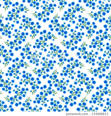 Seamless floral pattern with blue cornflower like blooms, green stems on white background. Symmetrical layout creates fresh, elegant texture for textile, wallpaper, packaging, decor 134898613