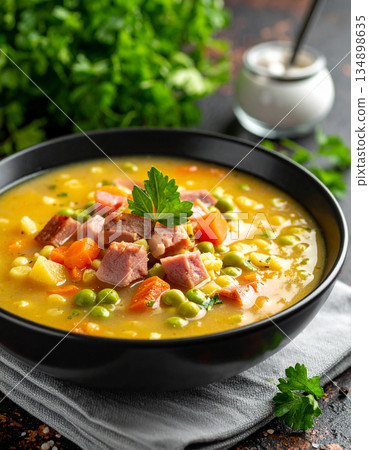 A bowl of Ukrainian pea soup is garnished with smoked ham, carrots, and fresh parsley. A bowl of Ukrainian pea soup is garnished with smoked ham, carrots, and fresh parsley. 134898635