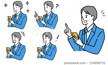 一組插圖，描繪了一位微笑的年輕男子正在看智慧型手機。 134898732