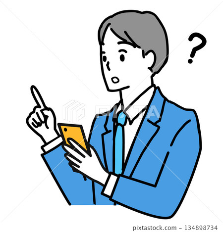 Illustration of a young man in a suit operating a smartphone and having doubts Illustration of a young man in a suit operating a smartphone and having doubts 134898734