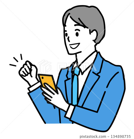Illustration of a young man in a suit looking at his smartphone and making a fist pump 134898735