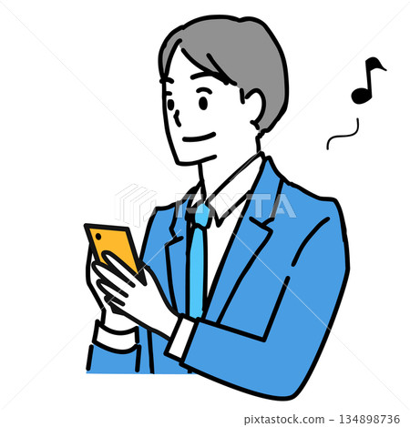 Illustration of the upper body of a young man looking at his smartphone with joy 134898736