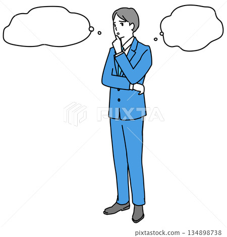 一幅全身插畫，描繪了一位身著西裝的男士，他神情憂慮地思考著。 134898738