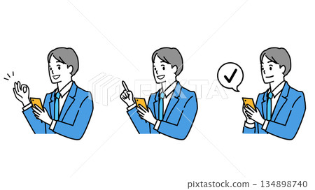 Set of facial expressions of a man in a suit holding a smartphone 134898740