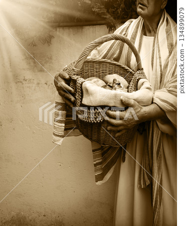 Old man with ancient basket Old man with ancient basket 134899079