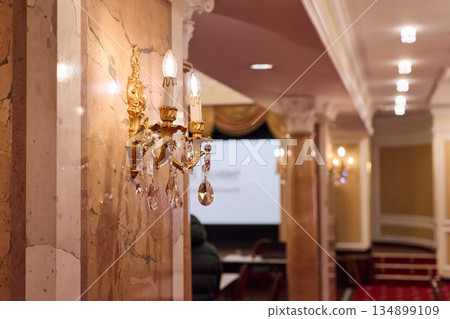 Luxurious Foyer With Lighting, Mezzanine Style Lobby With Marble Pillars And Projection Setup 134899109
