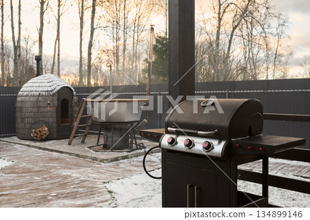 Quiet outdoor space showing early morning cooking preparations 134899146