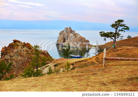 Beautiful view of Cape Burhan or Shamanka rock on Olkhon island. Lake Baikal 134899321