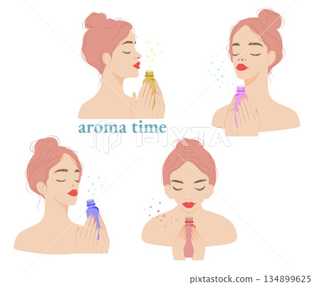 一位女士正在聞香水和色彩繽紛的香水瓶。 134899625