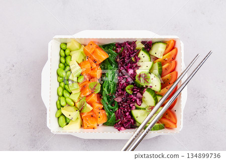 Poke bowl with trout, avocado, vegetables, beans, microgreens Poke bowl with trout, avocado, vegetables, beans, microgreens 134899736