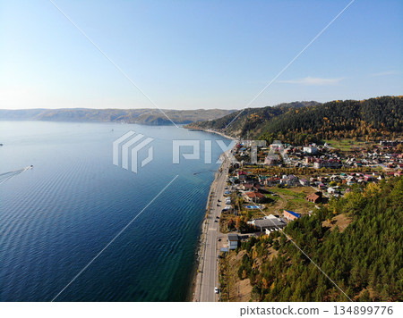 Listvyanka village, aerial view. Lake Baikal in autumn. Listvyanka village, aerial view. Lake Baikal in autumn. 134899776