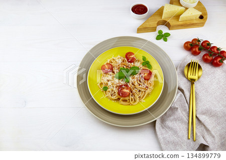 Tradition Italian pasta spaghetti with tomato sauce,cherry tomatoes, Tradition Italian pasta spaghetti with tomato sauce,cherry tomatoes, 134899779
