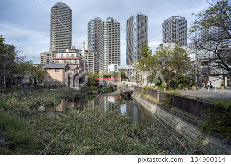 Evening view of Tsukishima, Chuo Ward, Tokyo Evening view of Tsukishima, Chuo Ward, Tokyo 134900114