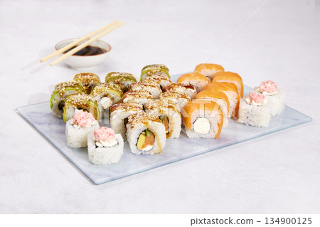 Assorted set of various sushi rolls with tuna, salmon, eel, avocado Assorted set of various sushi rolls with tuna, salmon, eel, avocado 134900125