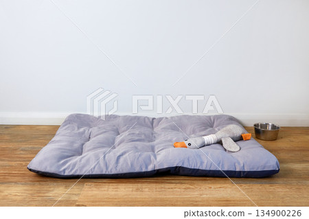 Cozy dog bed with a plush toy and water bowl in a bright, minimalistic indoor space Cozy dog bed with a plush toy and water bowl in a bright, minimalistic indoor space 134900226