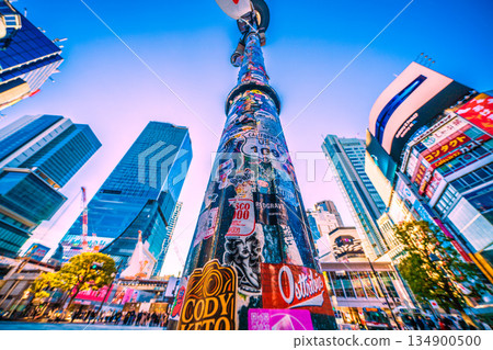Tokyo cityscape in Japan on New Year's Day. The stickers are still on this pillar. Shibuya is bustling with inbound tourists. Most of them are foreign tourists. 134900500