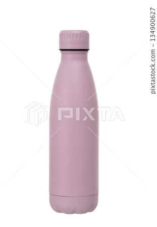 Minimal pastel pink reusable metal water bottle isolated on white background, modern eco friendly drink container mockup. Minimal pastel pink reusable metal water bottle isolated on white background, modern eco friendly drink container mockup. 134900627