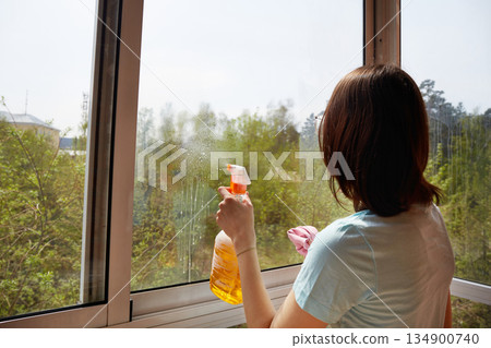 A young women is cleaning a large window with a squeegee, revealing a scenic outdoor view. A young women is cleaning a large window with a squeegee, revealing a scenic outdoor view. 134900740