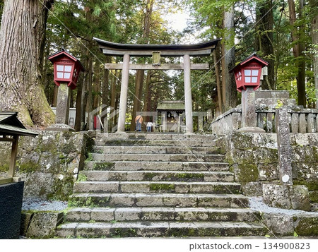 【山梨縣】富士淺間神社：神社入口氣勢恢宏，設有石階和鳥居。 134900823