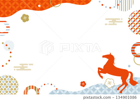 日式圖案馬年梅花弧形邊框新年賀卡 2026 134901086