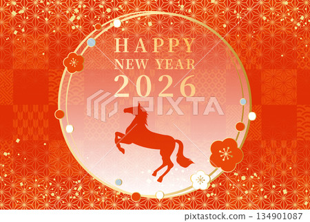 2026年，馬年，紅色，金色，奢華，日式圖案背景，新年賀卡，新年 134901087