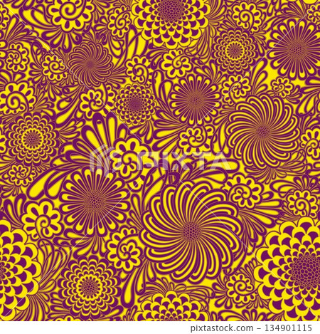 Psychedelic floral pattern with purple and yellow flowers on bright background. Swirling shapes and retro style evoke 70s vibe for textile, wallpaper, posters, digital art 134901115