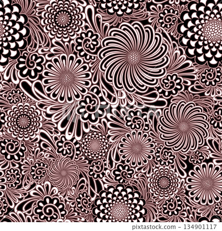 Intricate floral pattern with black, white, and red outlines. Stylized flowers and swirling petals form dense, symmetrical layout for textile, wallpaper, decor, illustration, digital art Intricate floral pattern with black, white, and red outlines. Stylized flowers and swirling petals form dense, symmetrical layout for textile, wallpaper, decor, illustration, digital art 134901117