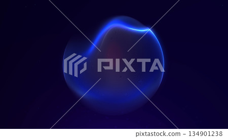 Deep neon abstract orb with blue and purple plasma glow on dark background. Futuristic digital energy sphere with intense light gradients and sci visual depth. 134901238