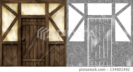 Weathered and aged wooden door in country house or cabin. Door frame via an alpha channel. 134901492