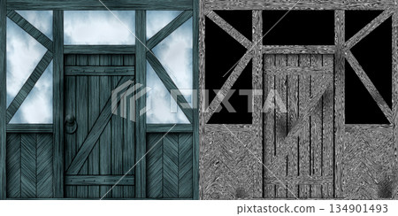 Weathered and aged wooden door in country house or cabin. Door frame via an alpha channel. Weathered and aged wooden door in country house or cabin. Door frame via an alpha channel. 134901493
