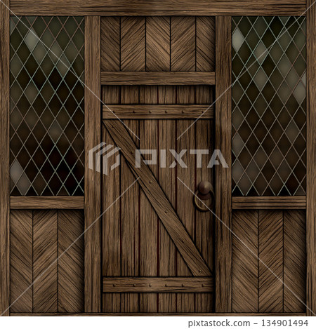 Weathered and aged wooden door in country house or cabin. Hi-res (8000x8000) texture. 134901494