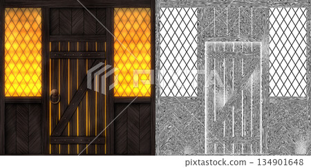 Weathered and aged wooden door in country house or cabin. Door frame via an alpha channel. Weathered and aged wooden door in country house or cabin. Door frame via an alpha channel. 134901648