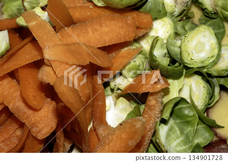 Close up of carrot and sprouts scrap peelings food waste for compost on white background 134901728