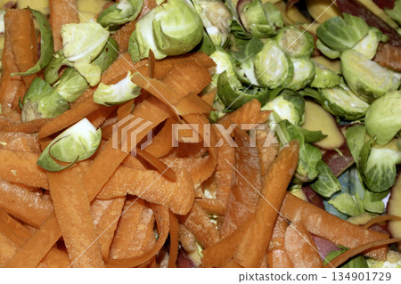 Close up of carrot and sprouts scrap peelings food waste for compost on white background Close up of carrot and sprouts scrap peelings food waste for compost on white background 134901729
