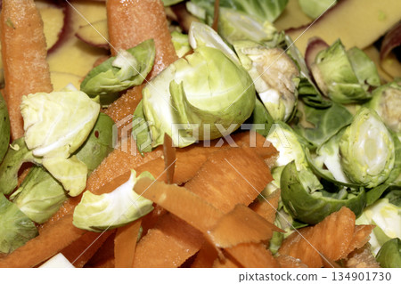 Close up of carrot and sprouts scrap peelings food waste for compost on white background Close up of carrot and sprouts scrap peelings food waste for compost on white background 134901730