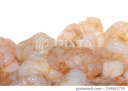 Close up of large cooked prawns pink shrimps on a white background Close up of large cooked prawns pink shrimps on a white background 134901750