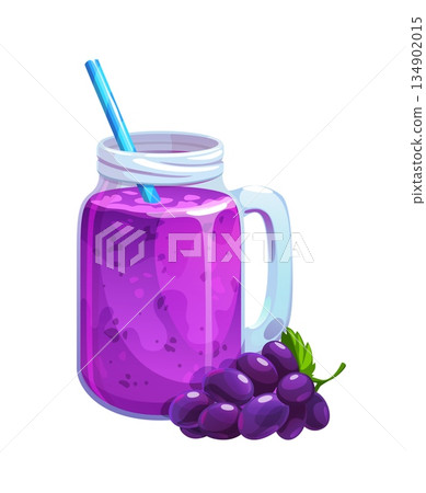 Purple violet smoothie drink of grapes in glass jar with drinking straw, vector drink. Fruit smoothie in glass mug with purple grapes for sweet dessert drink or juice, milkshake, and cocktail beverage 134902015