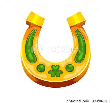 St Patrick day symbol of golden horseshoe with shamrock clover ornament, cartoon vector. Happy Saint Patrick festival, Ireland national holiday and Irish traditional symbol of lucky golden horseshoe 134902019