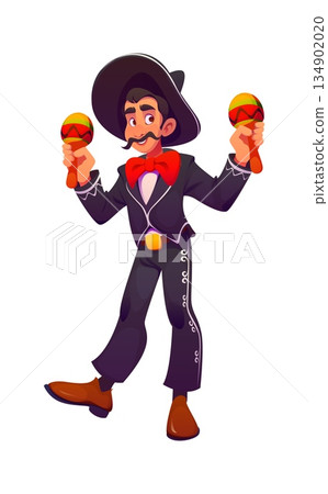Mexican mariachi musician holiday character in traditional costume holding maracas symbolizing cultural celebration and music, joy and festivity, heritage and folk in festivals and cultural events 134902020