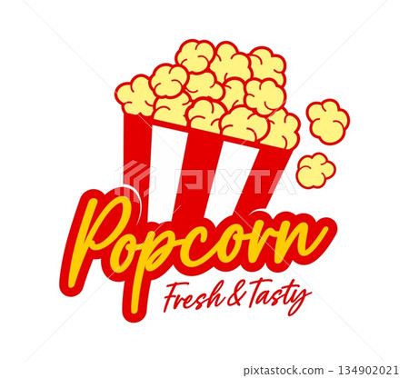 Popcorn bucket vector icon badge, pop corn movie snack vector label. Yellow popcorn puffs kernels overflow from a bold red and white striped box. Retro cinema vibe, fast food movie snack advertising 134902021