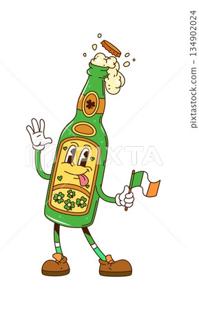 Cartoon groovy hippie green beer bottle character holds flag of Ireland. Vector St Patrick day holiday retro y2k personage. Happy glass flask with traditional foamy Irish ale drink, celebrating event Cartoon groovy hippie green beer bottle character holds flag of Ireland. Vector St Patrick day holiday retro y2k personage. Happy glass flask with traditional foamy Irish ale drink, celebrating event 134902024