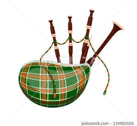 Cartoon bagpipe with a plaid pattern, Happy St Patrick day symbol. Irish musical instrument with airbag and wooden pipes representing Celtic music traditions. Vector symbolic of Scottish heritage 134902026