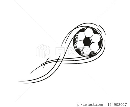 Soccer football ball with long motion trailing lines for sport design, vector icon. Soccer game football ball flying with swirl trail lines from kick for goal of championship league or sport team 134902027