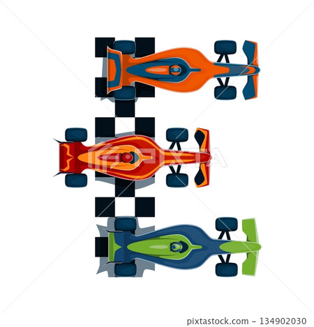 Racing font cartoon formula one cars letter E. Automobile motorsport typeface sign, auto race font type vector symbol. Car road racing English alphabet typeset letter or element 134902030